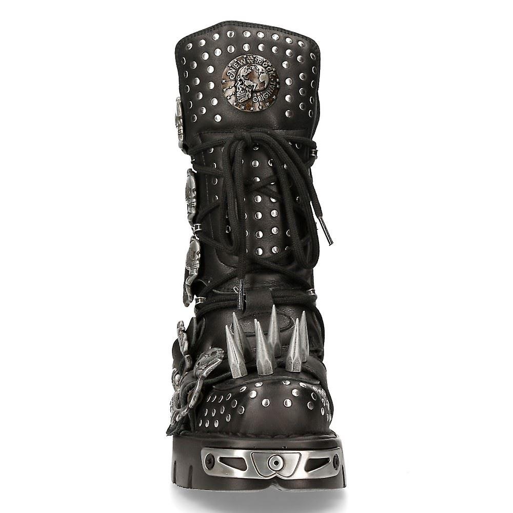 New Rock 1535-S1 Black Leather Military High Boots Metal Spikes