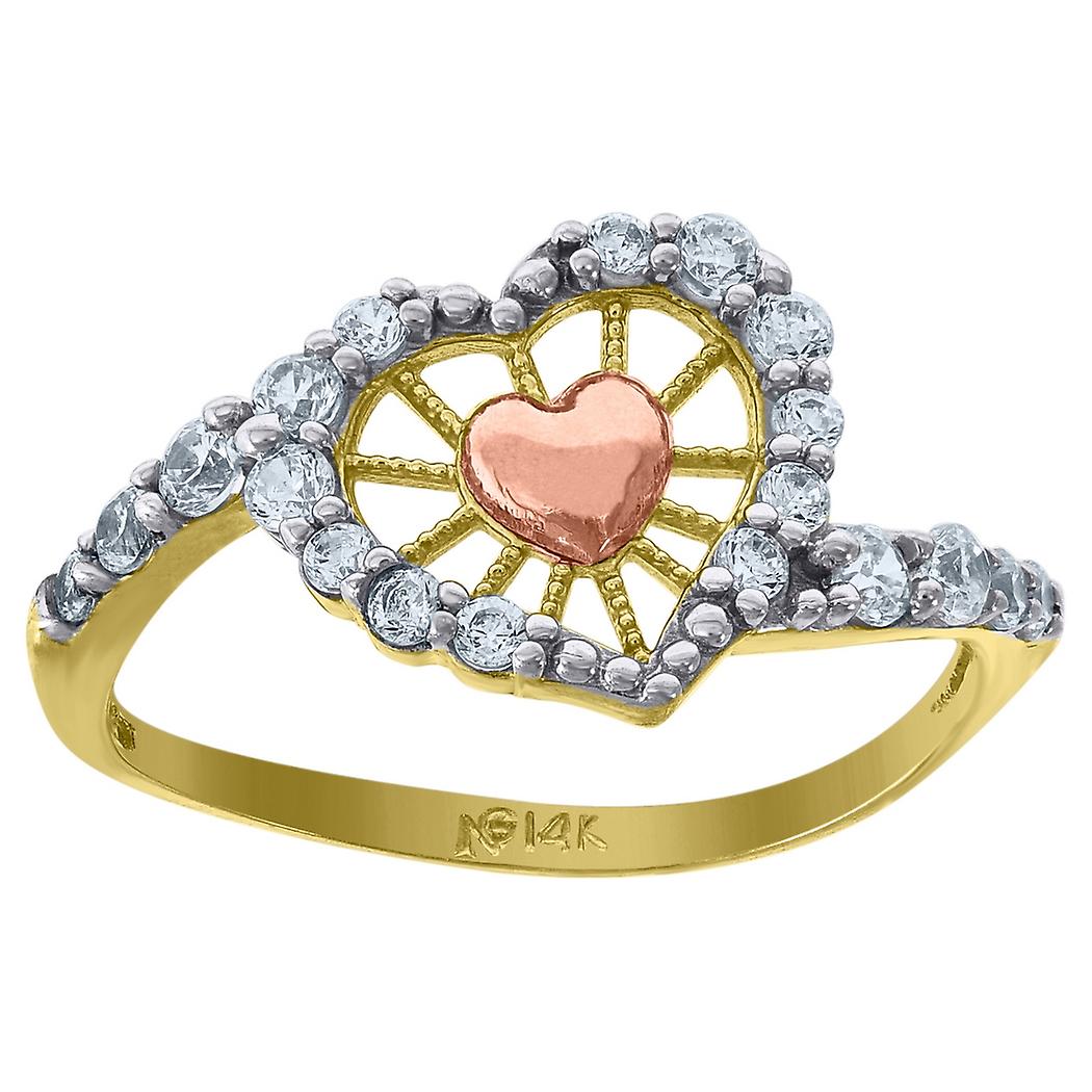 Bague en or 14 carats pour femme, ornée d'un cœur en zircon cubique tricolore, largeur 2,3 mm, taille 7. Bague tendance pour femme et homme.