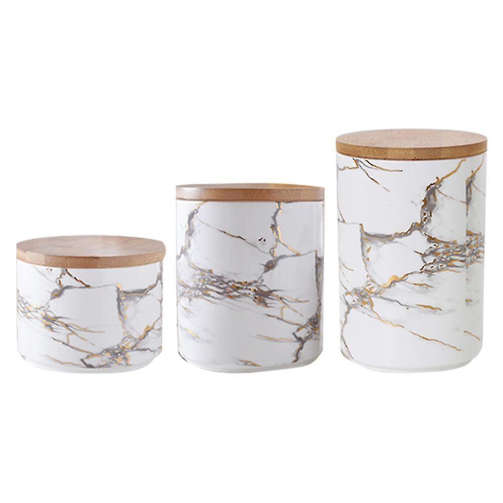 Delicate Ceramic Marble Pattern Candy Plate With Wooden Seal Lid Candy Biscuit Jar Storage Jar