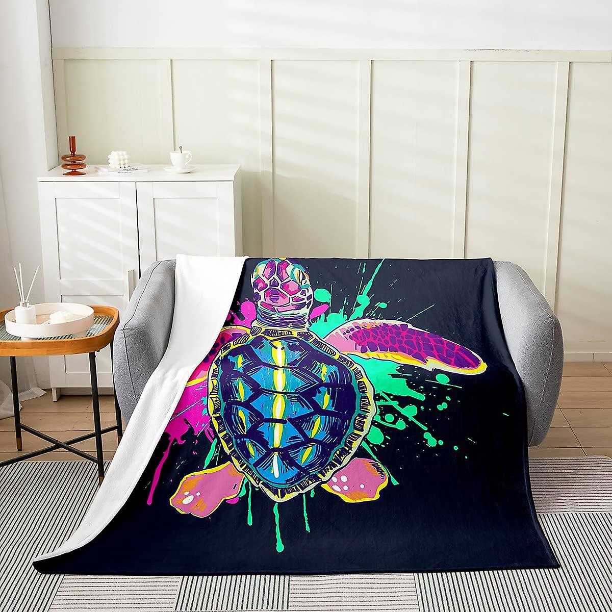Ocean Turtle Fleece Throw Blanket do łóżka Sofa, Kids Tie Dye Reptile Tortoise Fuzzy Blanket, Całoroczny koc na łóżko z żółwiem morskim Marine Plush Blanket Do