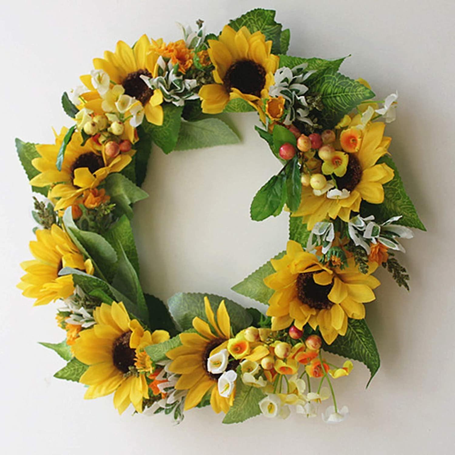 人工ヒマワリリースドアデコレーションフロントドア、ホーム用造花リース