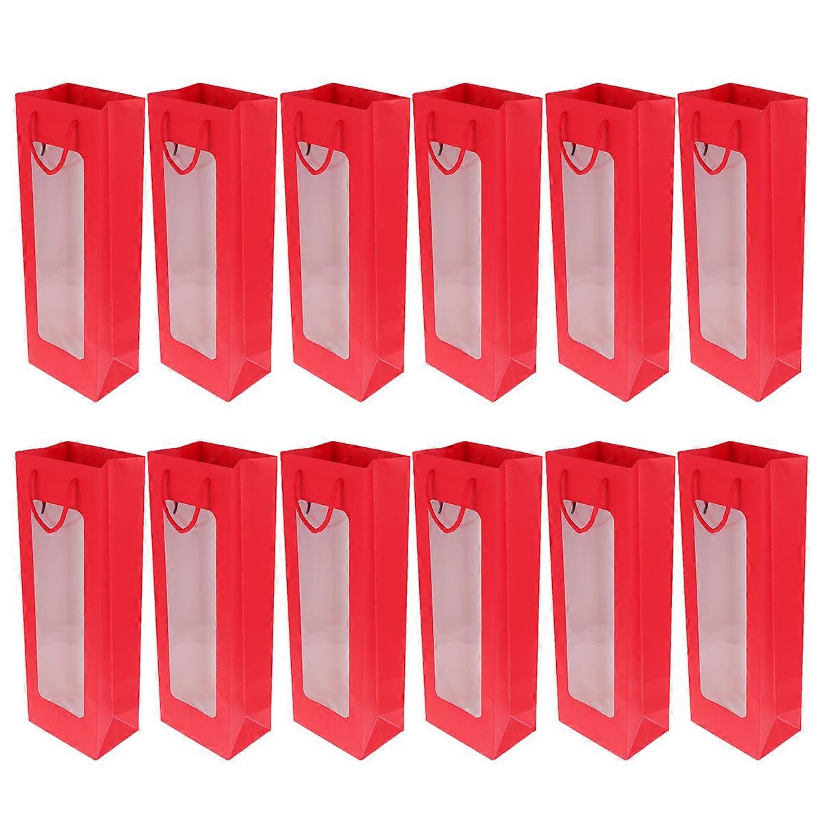 12 Stück einzelne Rotweintüten, Geschenktüten, Kraftpapier, Weintragetaschen, tragbare Verpackungstaschen, transparente Weintragetaschen mit Fenster (rot)