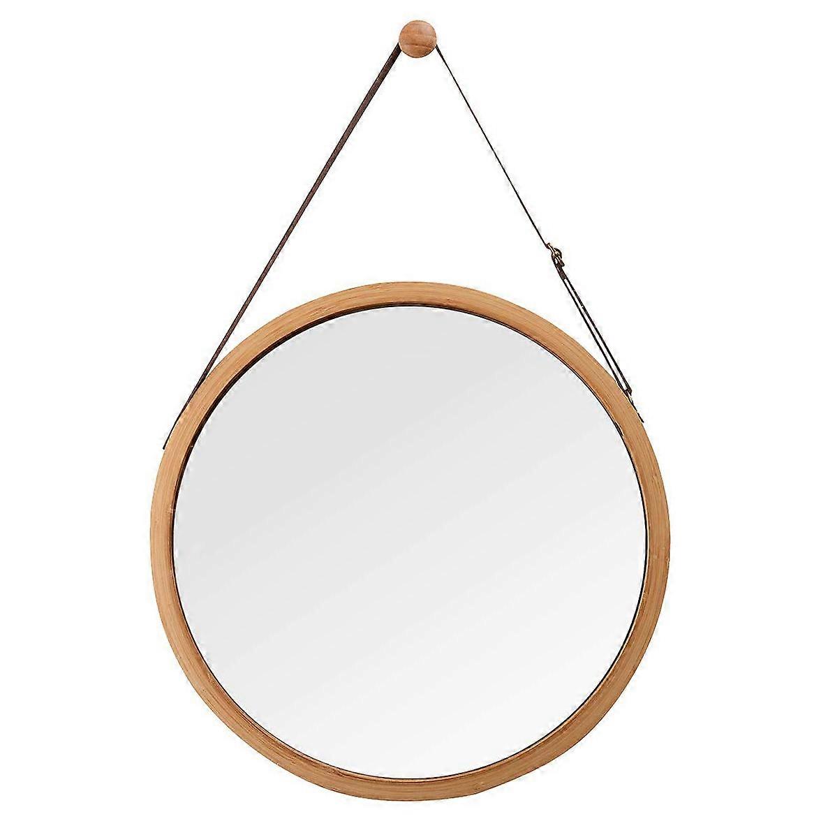 Hanging Round Wall Mirror in Bathroom & Bedroom - Solid Bamboo Frame & Adjustable Leather Strap (Ba