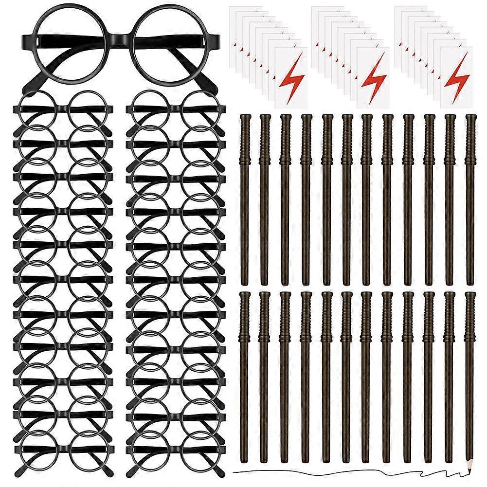 72x Wizard Theme Party Favors Set Includes 24 Pencils 24 Wizard Glasses with Round No Lenses 24 Tat