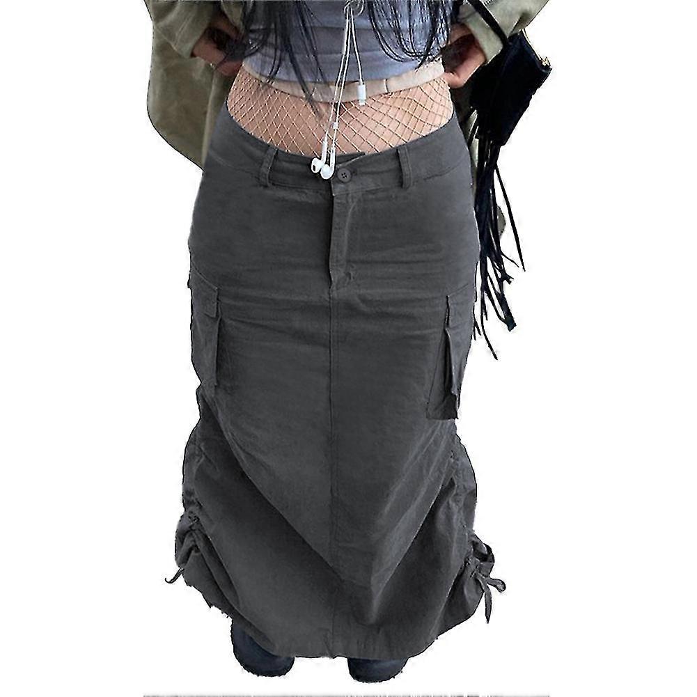 Overalls Skirt With Pockets Midi Skirts Grunge Y2k Ruched Drawstring Split Long Skirts Women Low Waisted Korean Prepply Retro Skirts