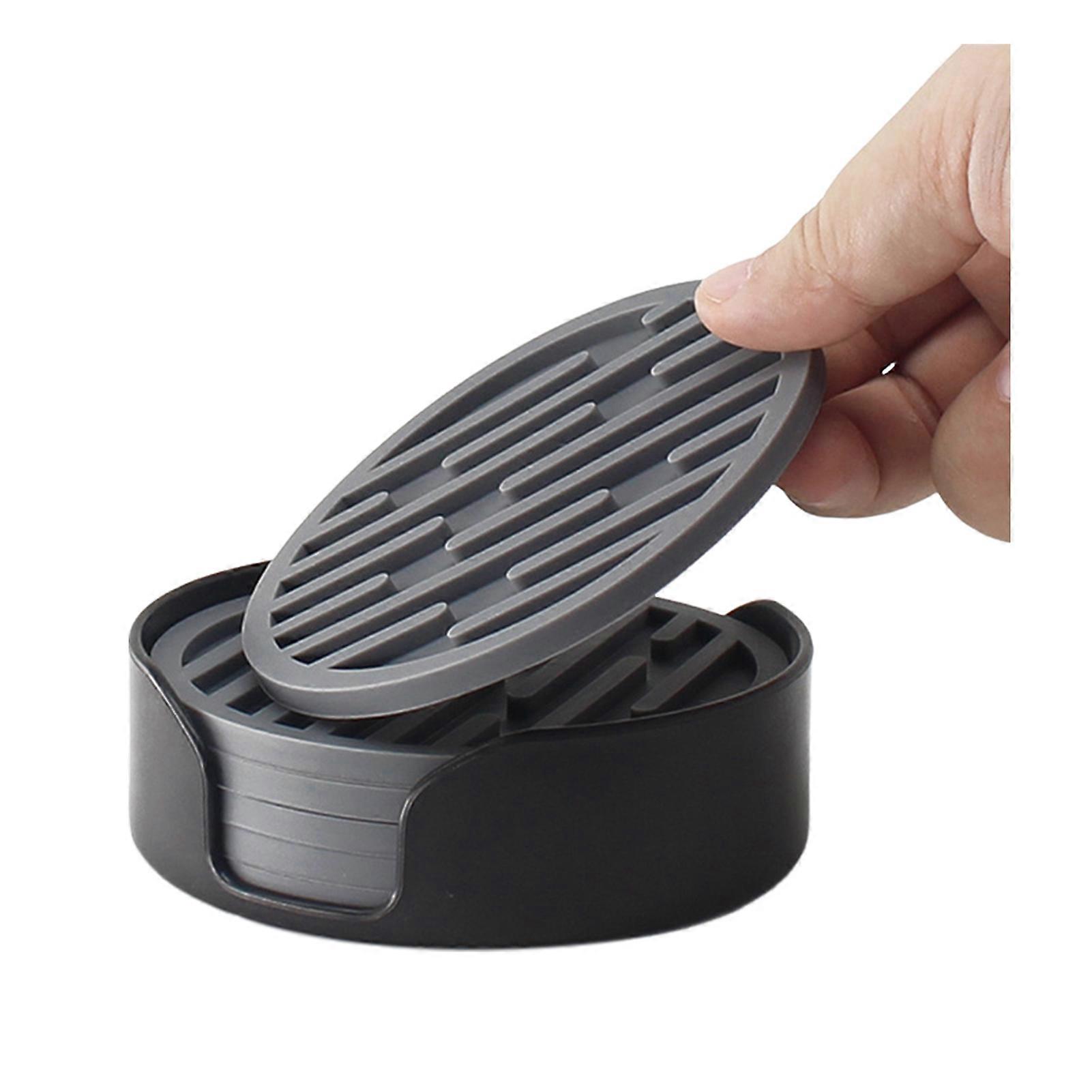 6Pcs Silicone Coasters Set with Holder Non-Slip Cup Mat Drinks Desk Home Decor Tabletop Protection Round Hot Cold Drink Coasters for Wood Glass Marble
