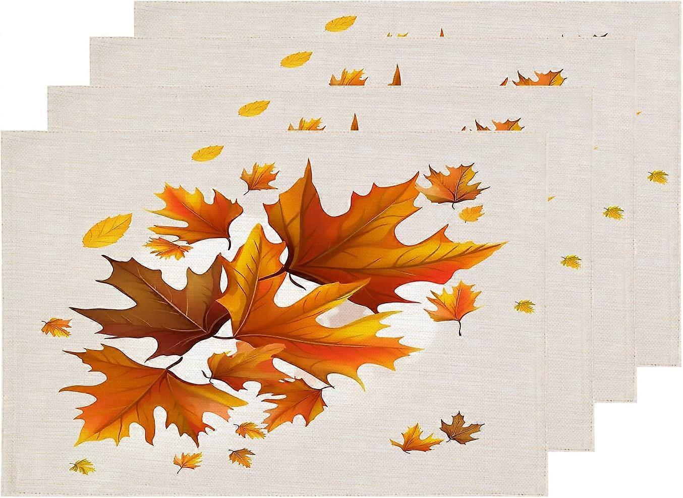 Autumn Maple Leaves Placemats, Fall Red Orange Leaves Table Mat Linen Burlap Washable Double-Deck Heat Insulation for Dining Table Kitchen Table Set o