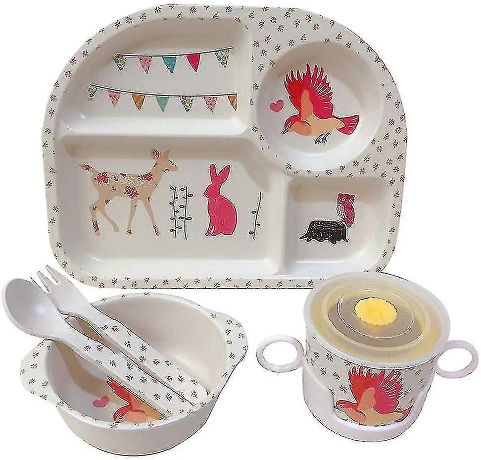 Children's Tableware 5-piece Set With A Beautiful Pattern Made Of Bamboo / Bowl, Spoon, Fork, Cup, Menu Plate / For Small Children, Bpa And Phthalate-