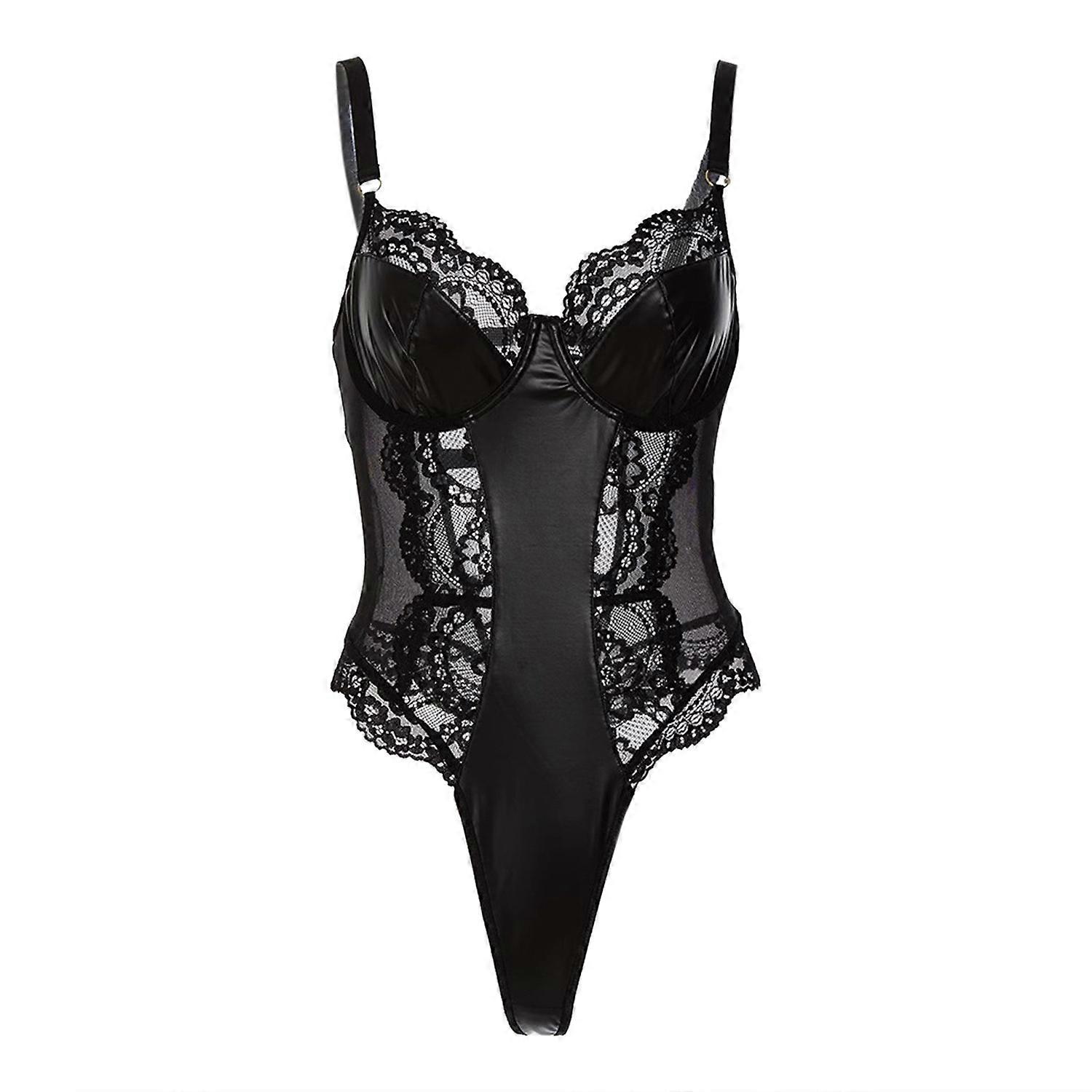 Kvinnor Läder Spets Body Sexig Varm Mesh Transparent Underkläder Underkläder Lappverk Mager One Pieces