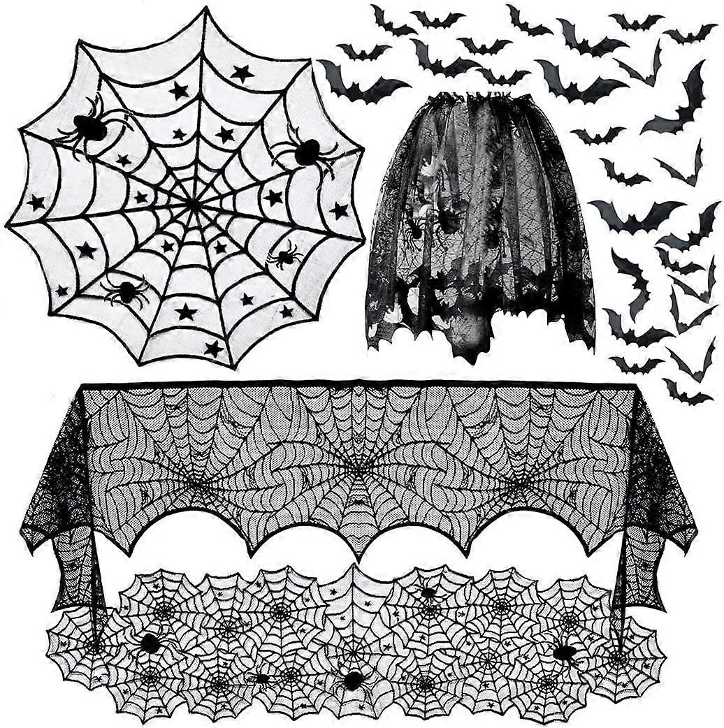 6Pcs Halloween Decorations ,Round Halloween Lace Table Cloth ,Rectangular Lace Table Cloth Spider Web Spooky Bat Scarf Chimney Spider Lampshade With 3