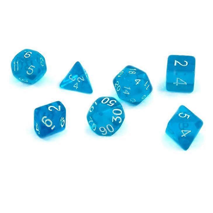 7 polyhedral dice for roleplaying and tabletop games in transparent / blue