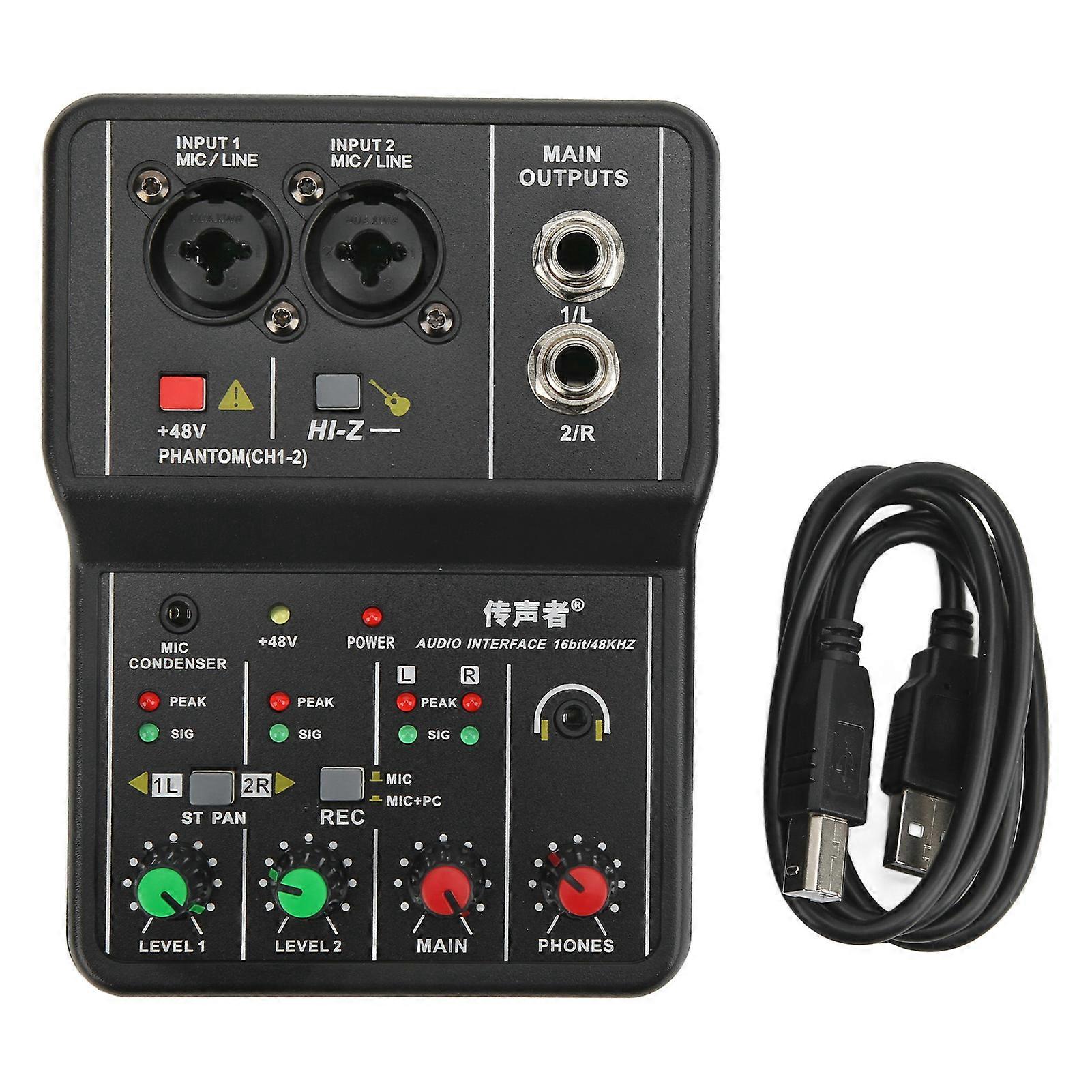 2 Channels Audio Mixer USB 48V Phantom Power Compact Sound Mixing Console for Music Recording Home Karaoke Internet Karaoke