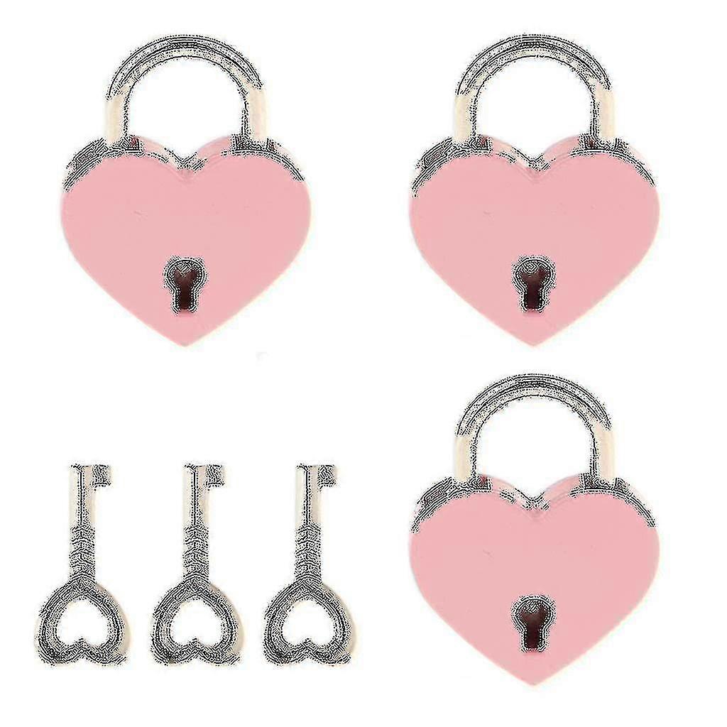 3セット小さな金属ハート形の南京錠、キーピンク