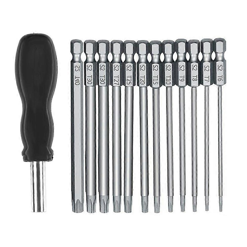 13Pcs 100mm Torx Long Screwdriver Bits Set, Magnetic Torx Bit Set T6-T40, 1/4 Inch Hex Electric Scr