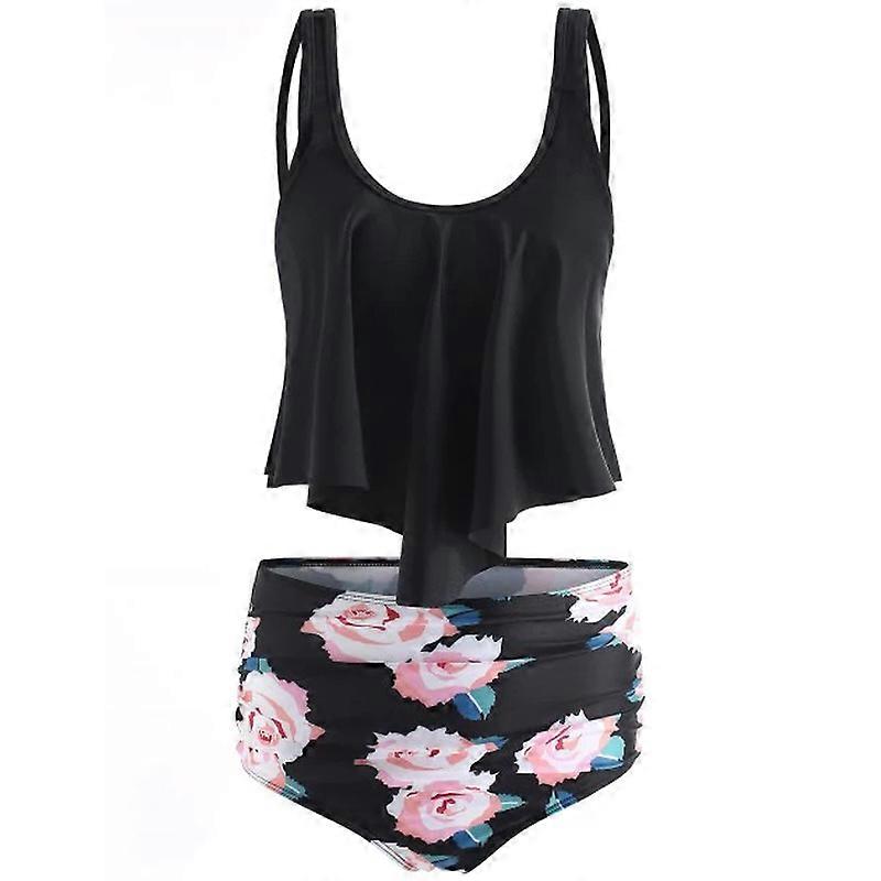 Kvinnor Sommar Badkläder med hög midja Volang Topp Magkontroll Tankini Set Baddräkt Baddräkt