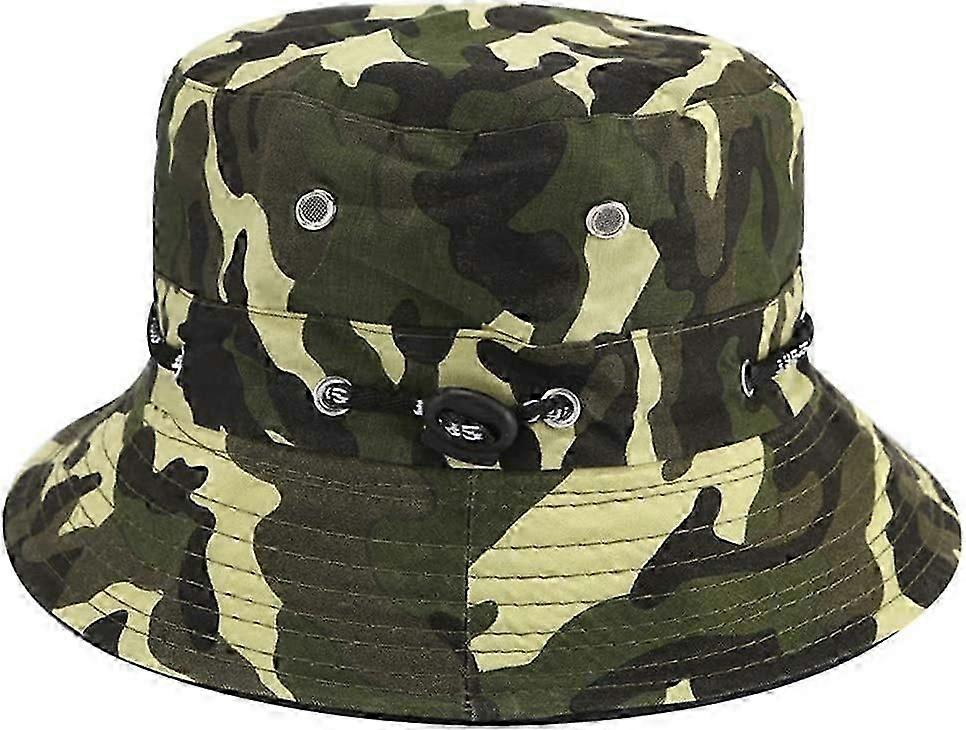 sun cap with wide brim with chin strap, side press studs and ventilation openings(Green camouflage)