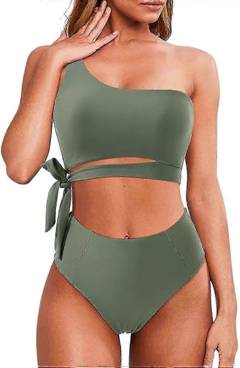 النساء عالية المخصر بيكيني التعادل عالية قطع كتف واحد قطعتين ملابس السباحة-جيد