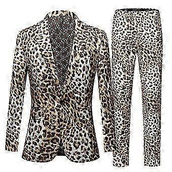 Mens Casual Leopard Pattern Blazers Pants 2 Piece Suit Set