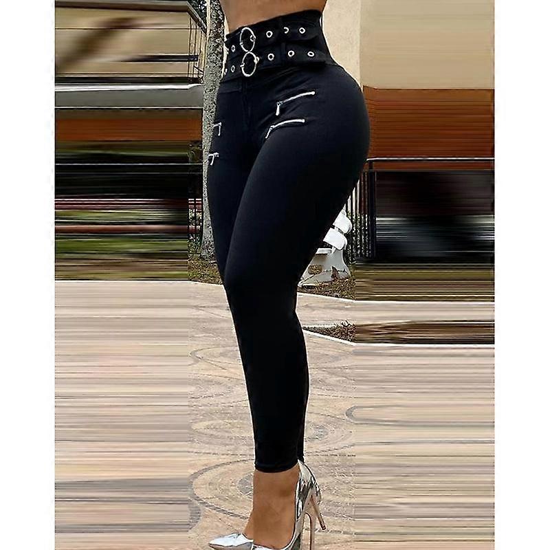 Women's Fashion O Ring Zipper Design High Waist Slim Fit Pencil Pants Solid Color Skinny Leggings Long Trousers Plus Size S-5XL