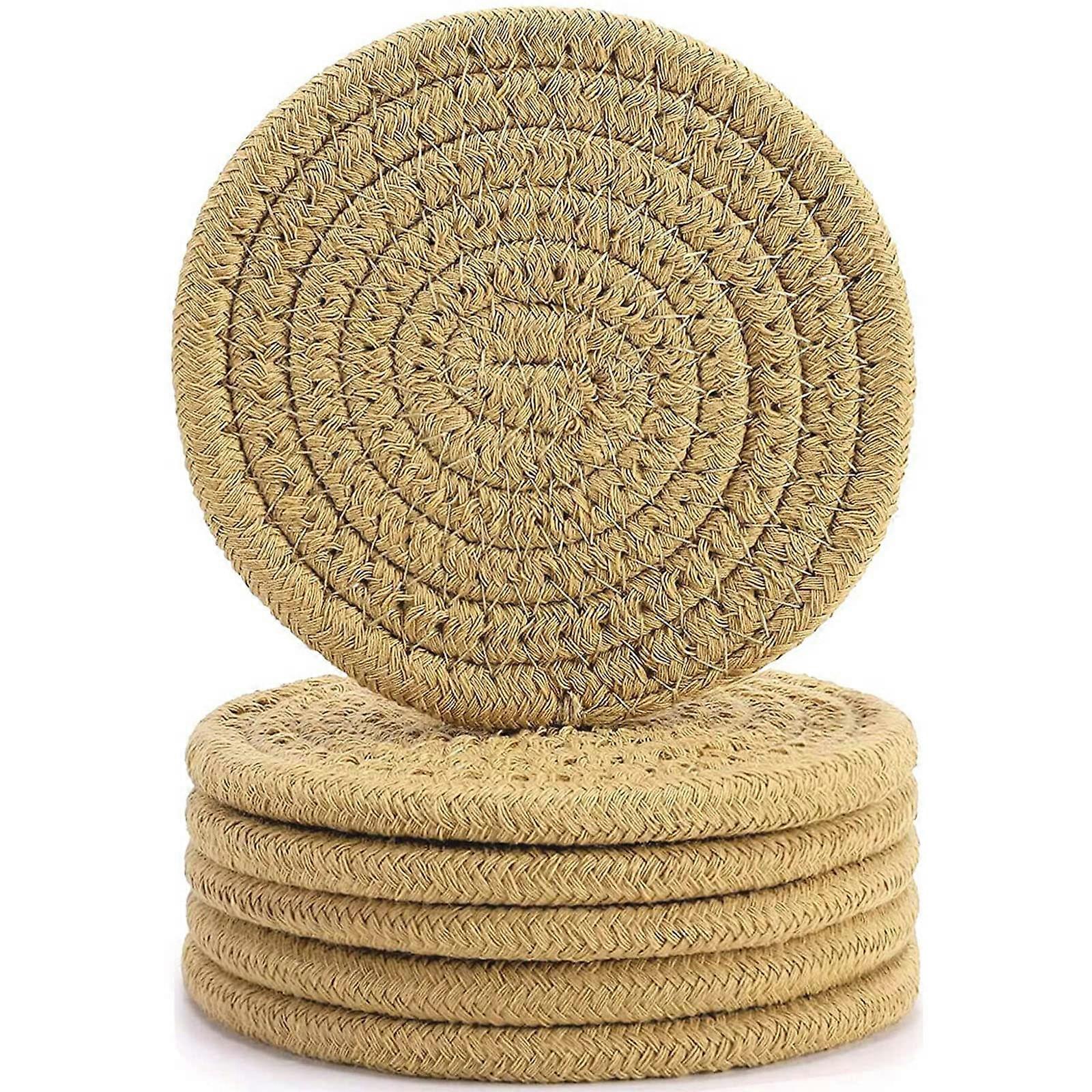 6-piece brown round absorbent cotton coasters handmade heat-resistant
