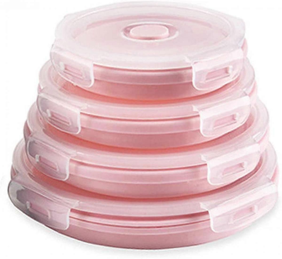 Silicone Collapsible Food Storage Containers-Prep/Storage Bowls with Lids Set of 4 Round Silicone Lunch Containers Microwave and Freez (Pink)