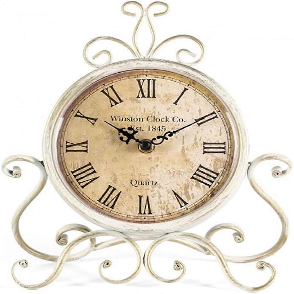 Antique Desk Clock with Roman Numerals, Metal White Table Clock for Decorative and Practical Use
