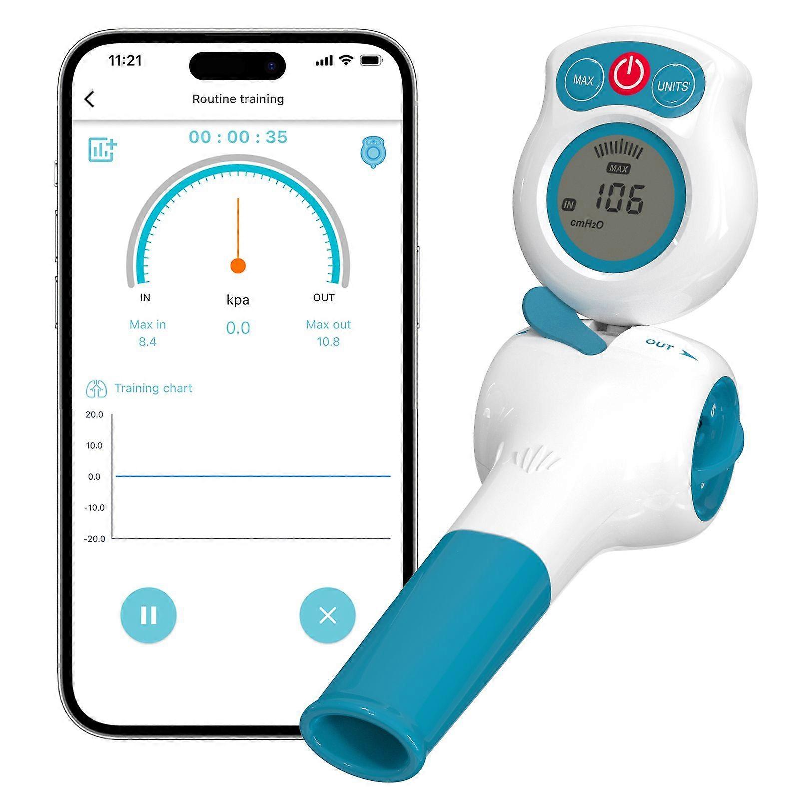 Respiratory Muscle Trainer Lung Exerciser Breathing Exercise Device for Lungs with Electric Manometer & 6 Resistance Levels Guided Mobile Training App