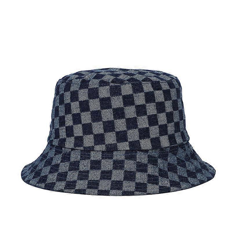 Spring And Summer ese Denim Fisherman Hat Checkered Chess Board Face Showing Small Sun Hat Couple Bucket Basin Hat Can Be Worn On Both Sides