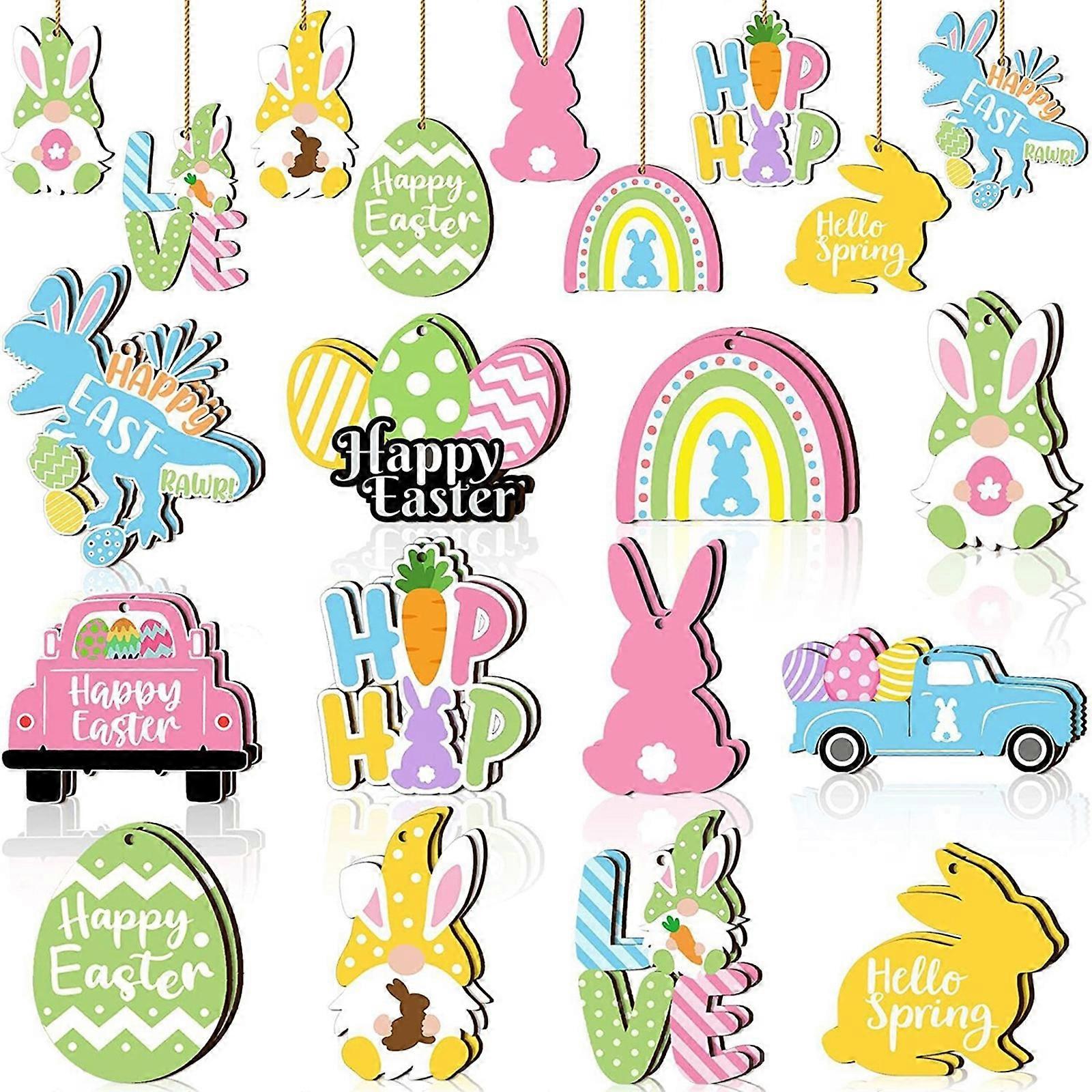 24pcs/set Easter Rabbit Eggs Wooden Ornament Colorful Spring Hanging Pendants for 2024 Happy Easter Tree Decoration Gift