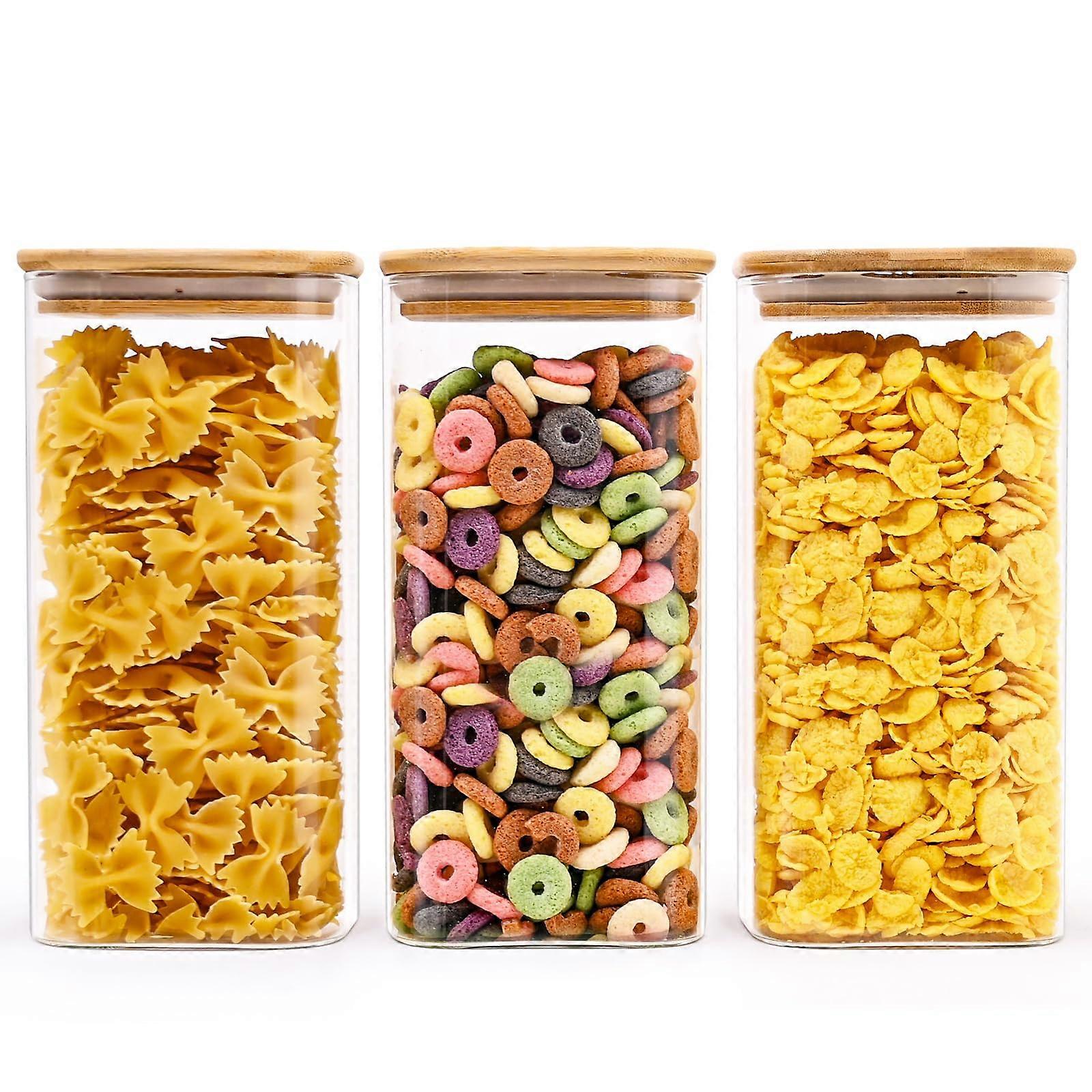 3 件装方形玻璃食品储藏罐厨房储藏室收纳盒 51 盎司