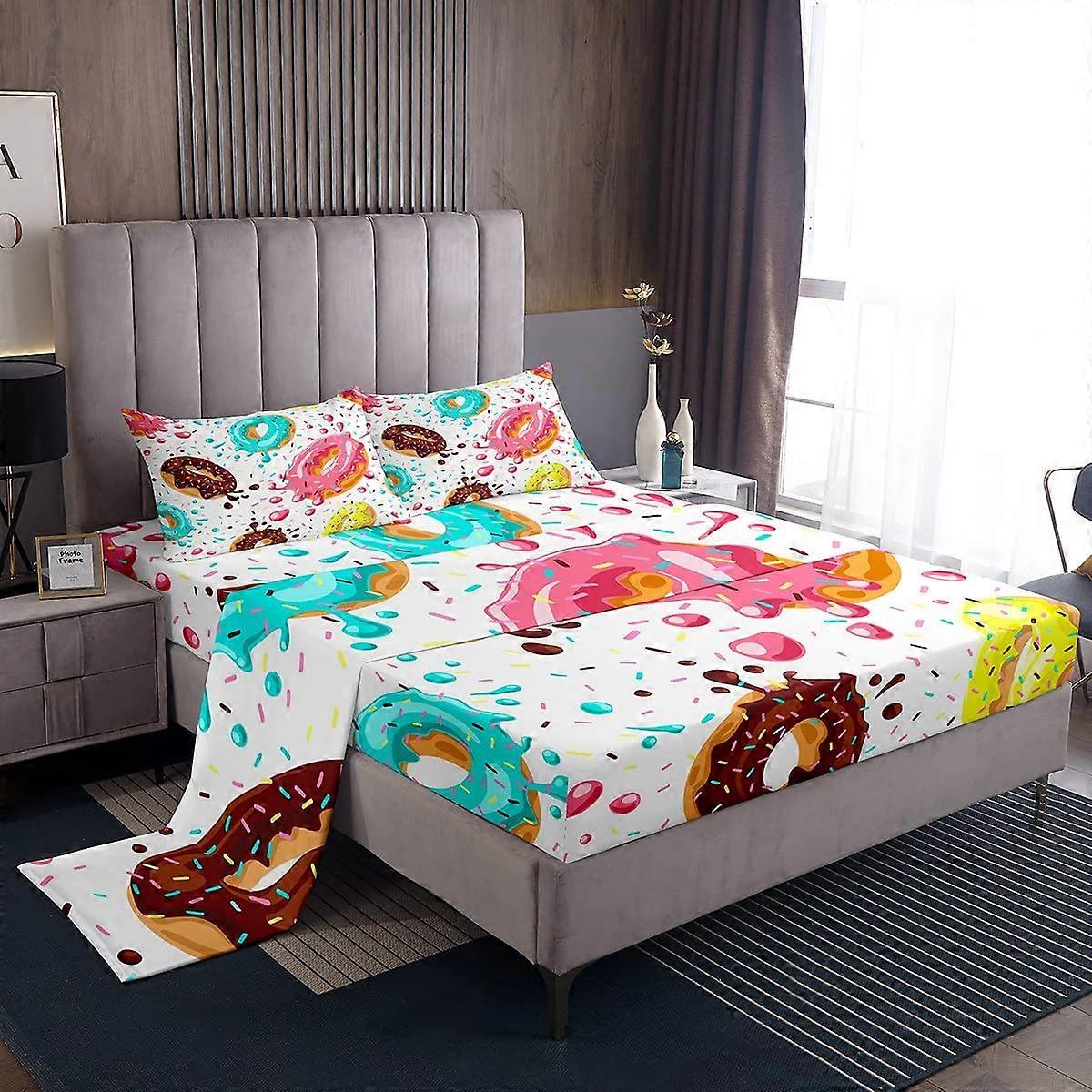Chocolate Doughnut Sheets Deep Pocket Fitted Sheet Donuts Sheet Set For Kids Full Size Bedding 4-Piece Whimsical Dessert