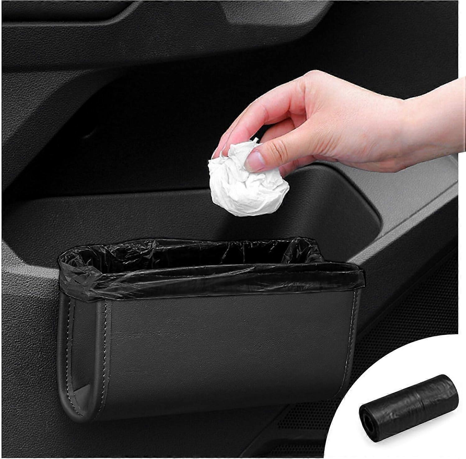 Car Trash Can Leather Door Organizer With Garbage Bag Roll, Foldable Hanging Mini Car Storage, Black