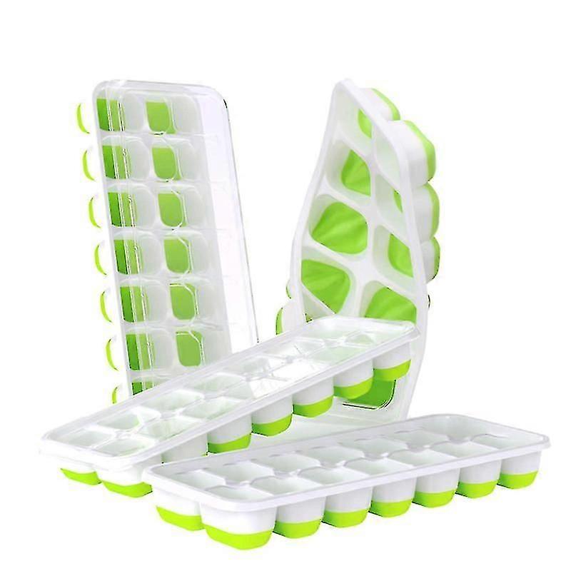 Silicone Ice Cube Tray, Pack Of 4,14-compartment Ice Cube Tray With Lid, Silicone Seal,airtight And Waterproof,stackable Ice Cube Trays,green