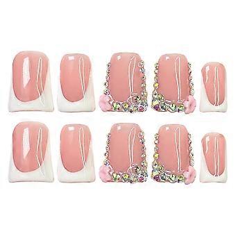 Rosa Kunstnagel Strass Art Kit Weiße Spitze Mittellange Acrylnägel