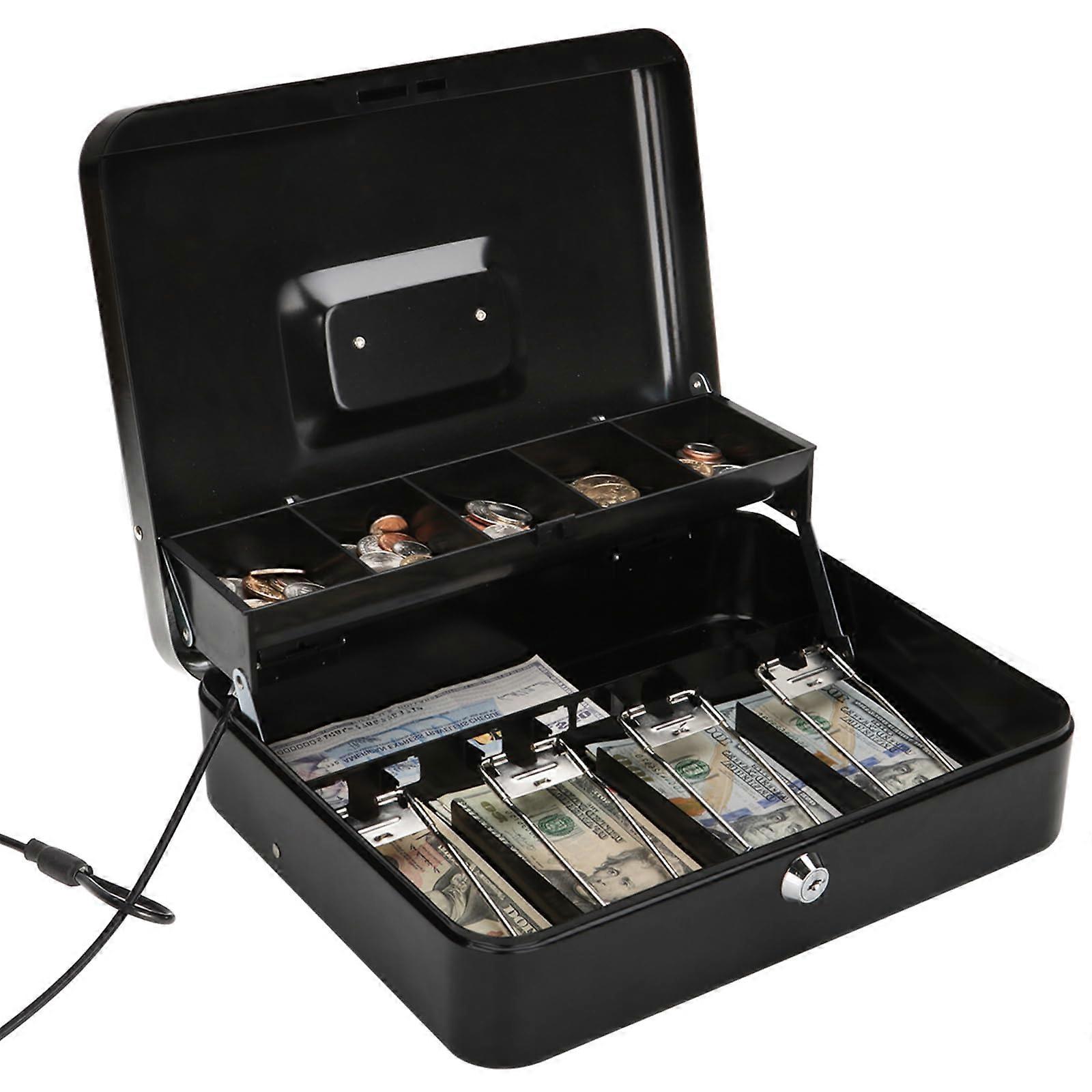 Large Locking Cash Box with Money Tray, Lock Box with Security Cable Metal Money Box with Key Lock, Black, CB02304XL