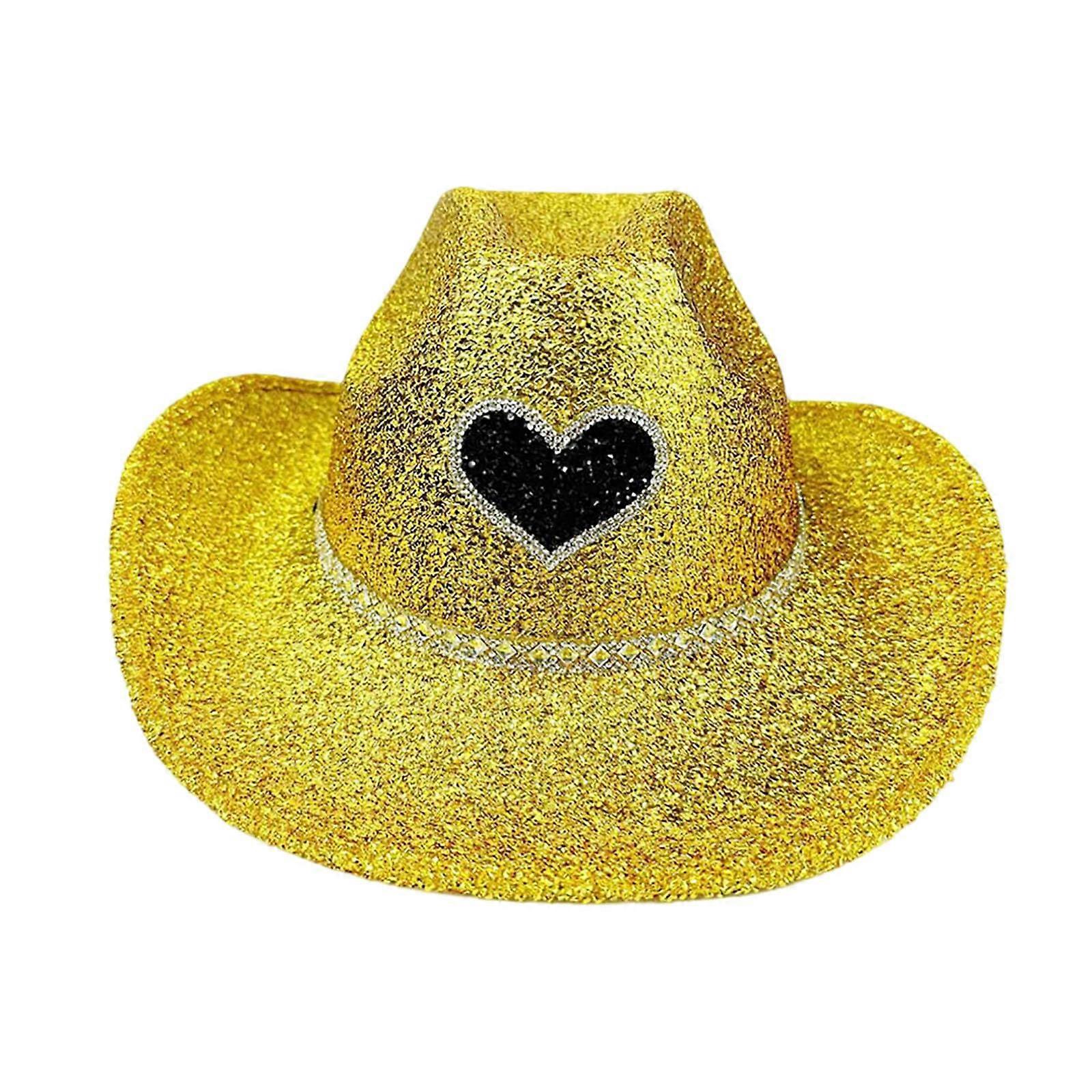 Party Cowboy Hat for Men with Sequins and Heart Prints, Stylish Western Straw Hat, Summer Wide Brim Sun Protection, One Size O Gold