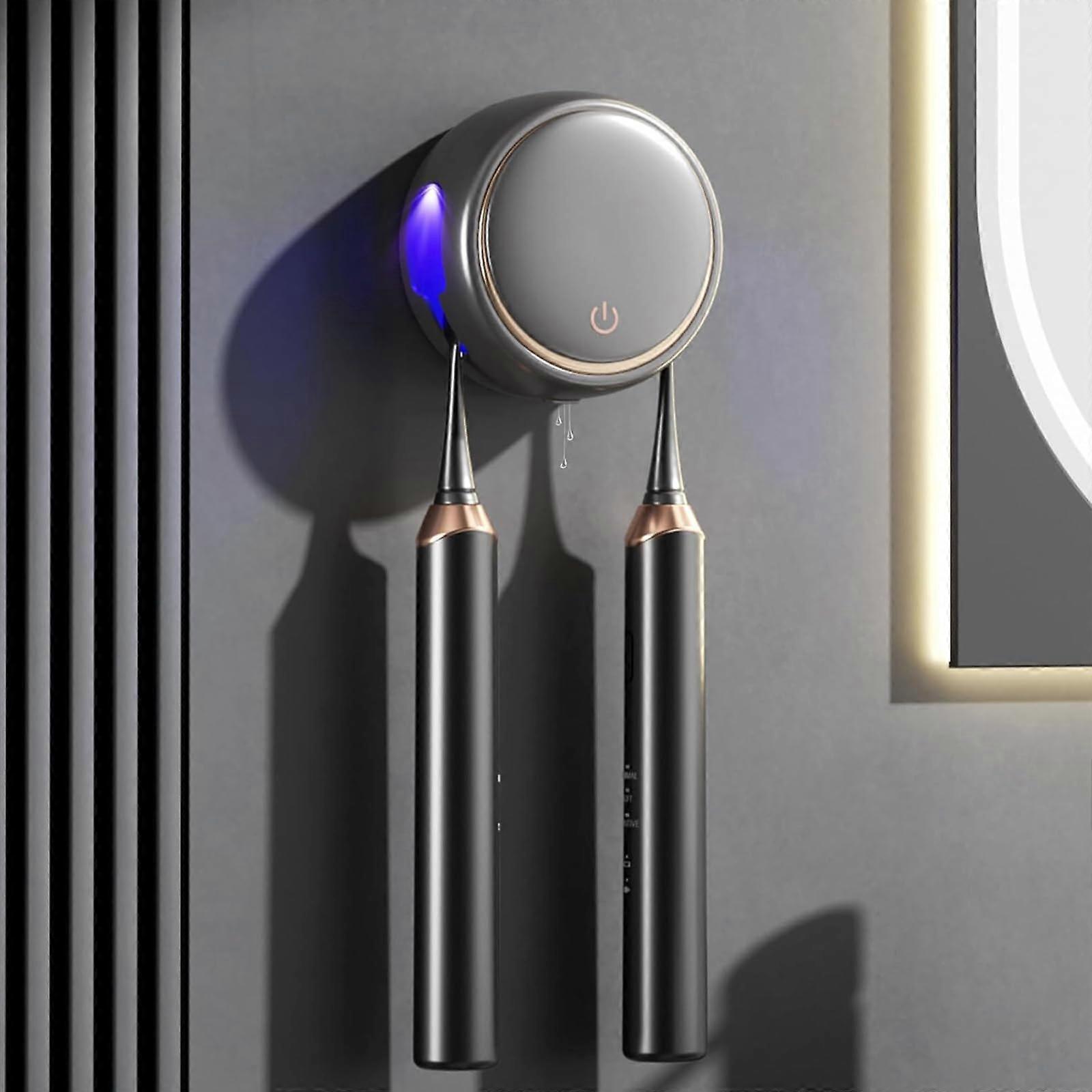 UV Toothbrush Steriliser, Wall Mount Holder with Drying, 2 Compartments (Black)