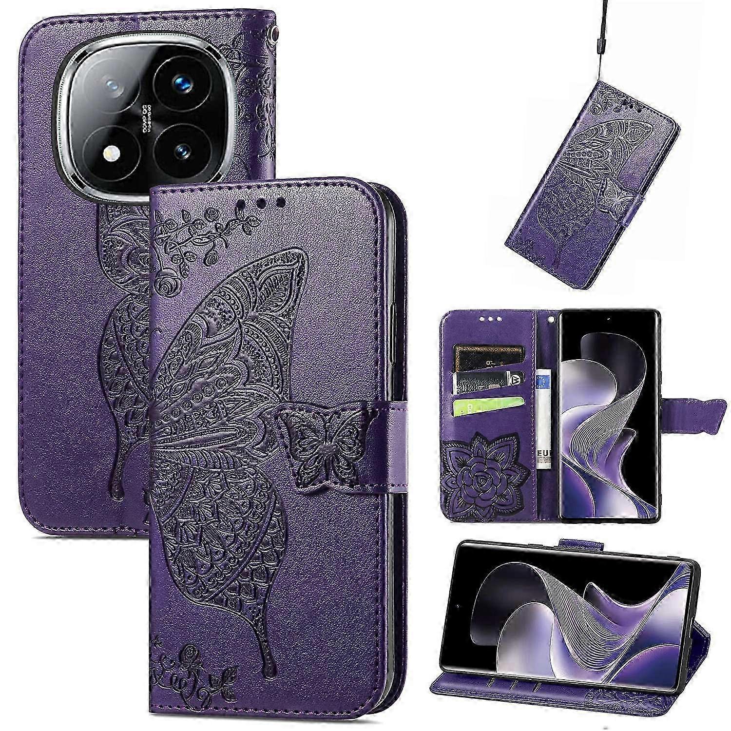 Case with Strap for Compatible Brands Butterfly Pattern PU Leather Wallet Phone Cover