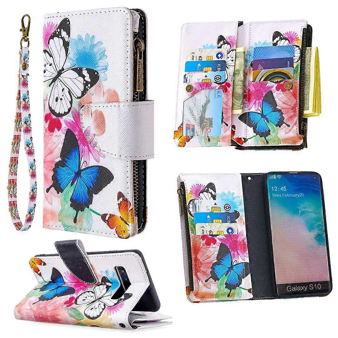 Zip Wallet Case for Samsung Galaxy S10, Colorful PU Leather Flip Case with 9 Card Holder, Lanyard and Magnetic Stand