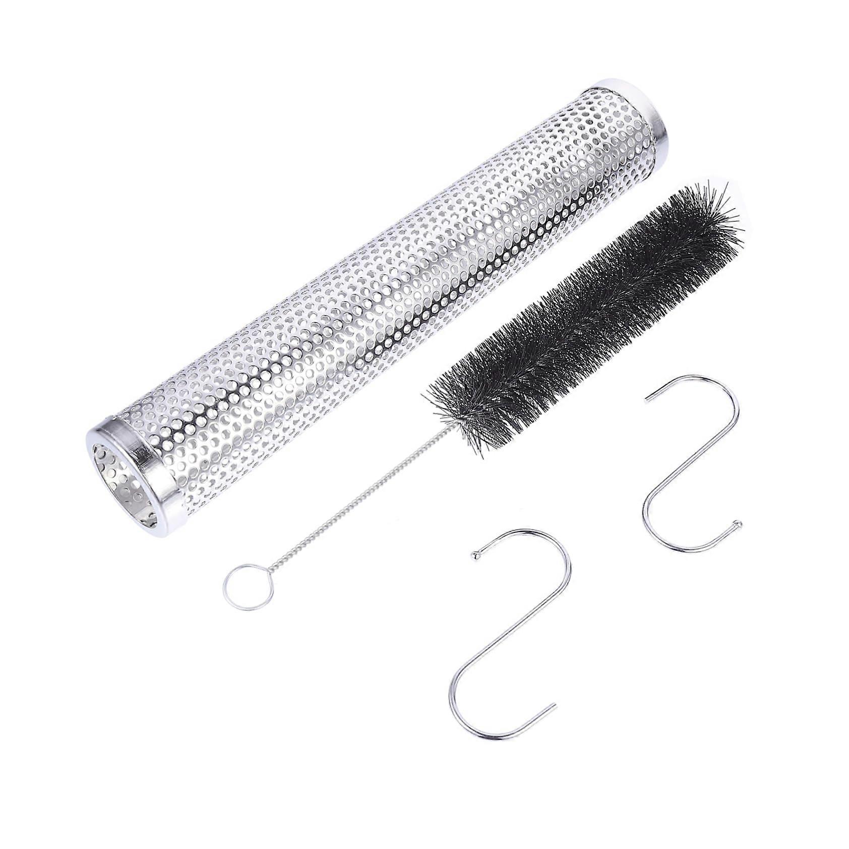 1Set BBQ Smoker Tube with Brush and Hooks for Meat and Fish, Durable, Safe, Easy to Clean for Flavorful Grilling