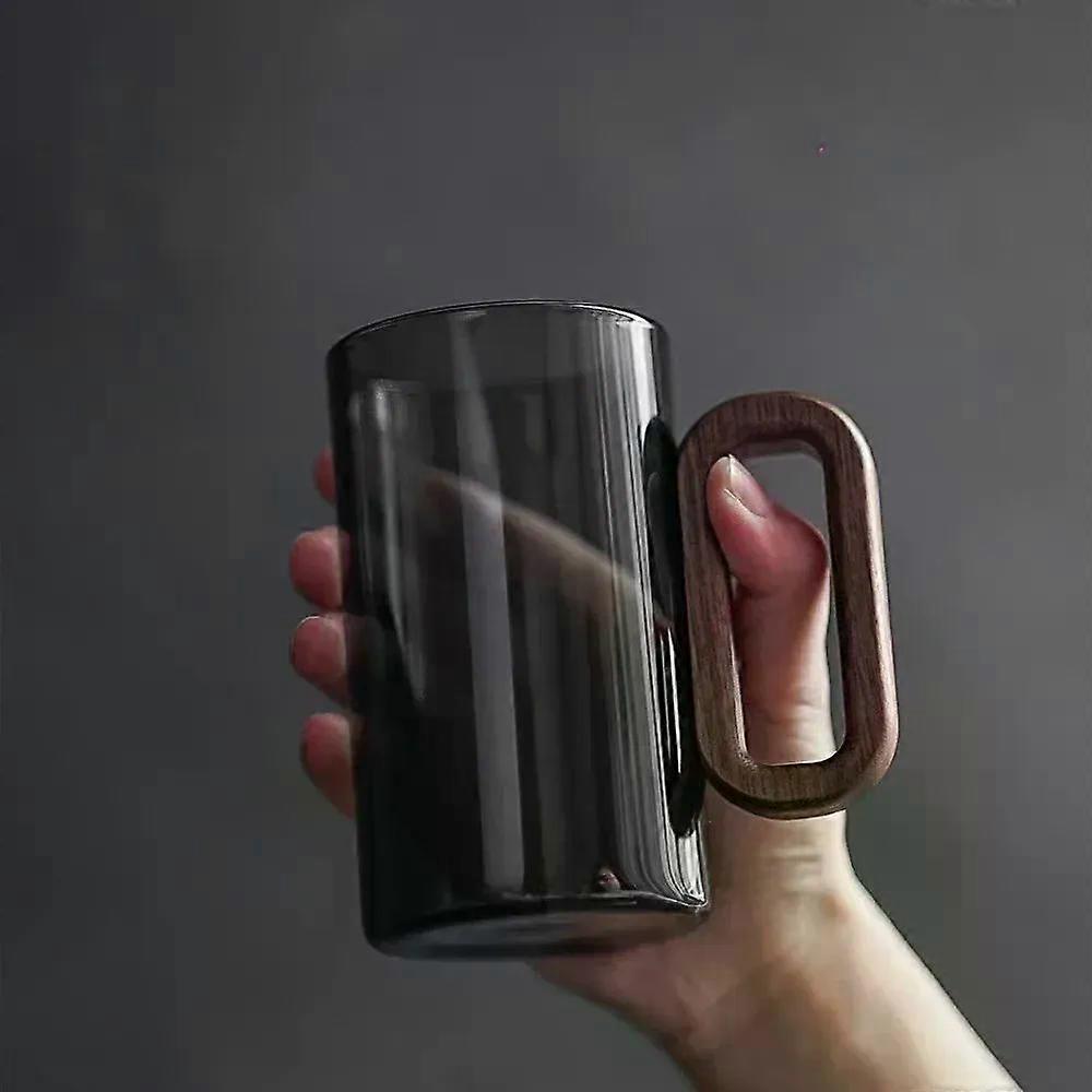 sac d’école 1pc 400ml tasses en verre avec poignée en noyer Tasse domestique résistante à la chaleur Grande capacité Tasse de fabrication de thé Verres à boire de bureau