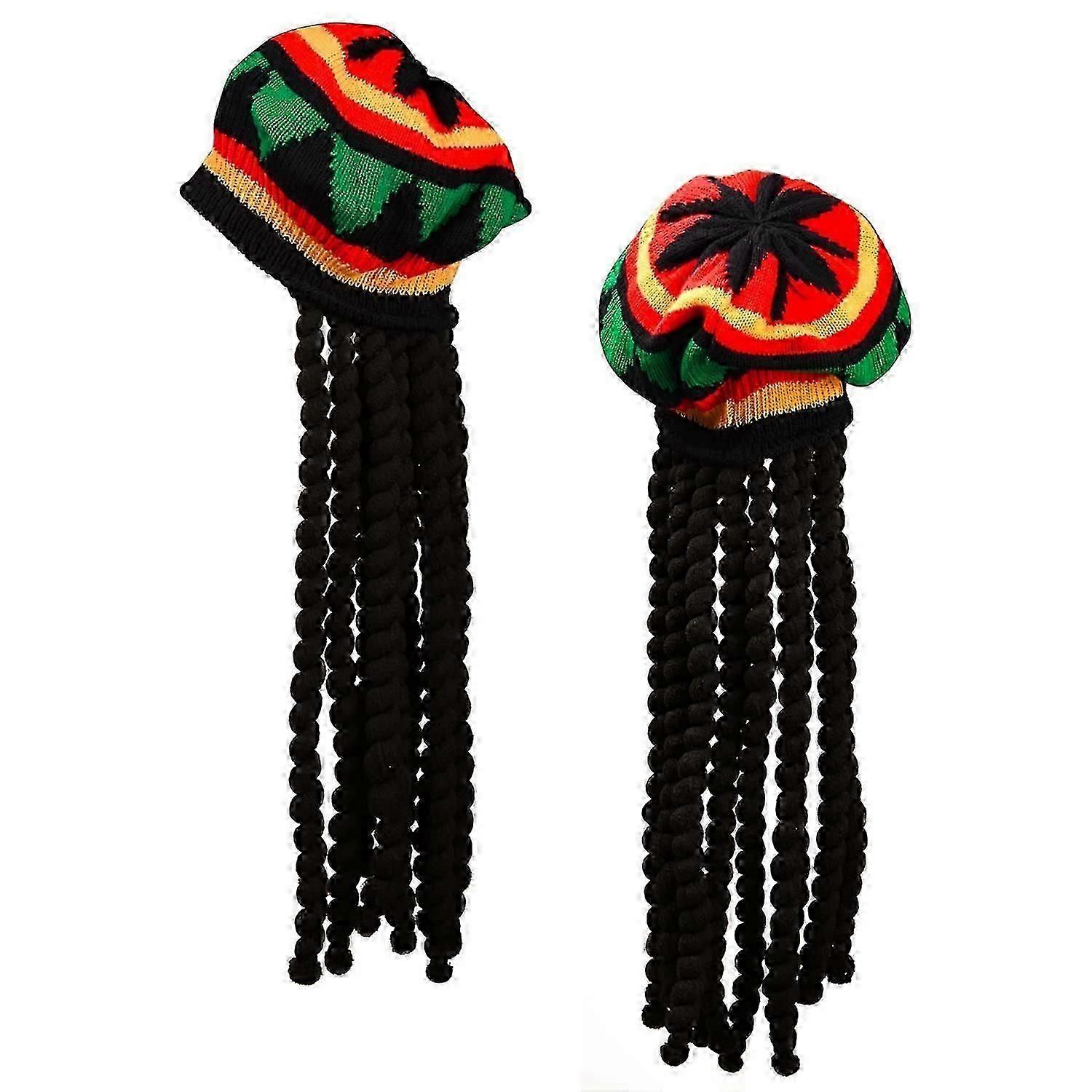 Confezione da 2 cappelli Rasta con Dreadlocks neri Parrucca Bob Marley Dreadlocks con Rasta Tam Hat Fancy Dress Rasta Parrucca Cap