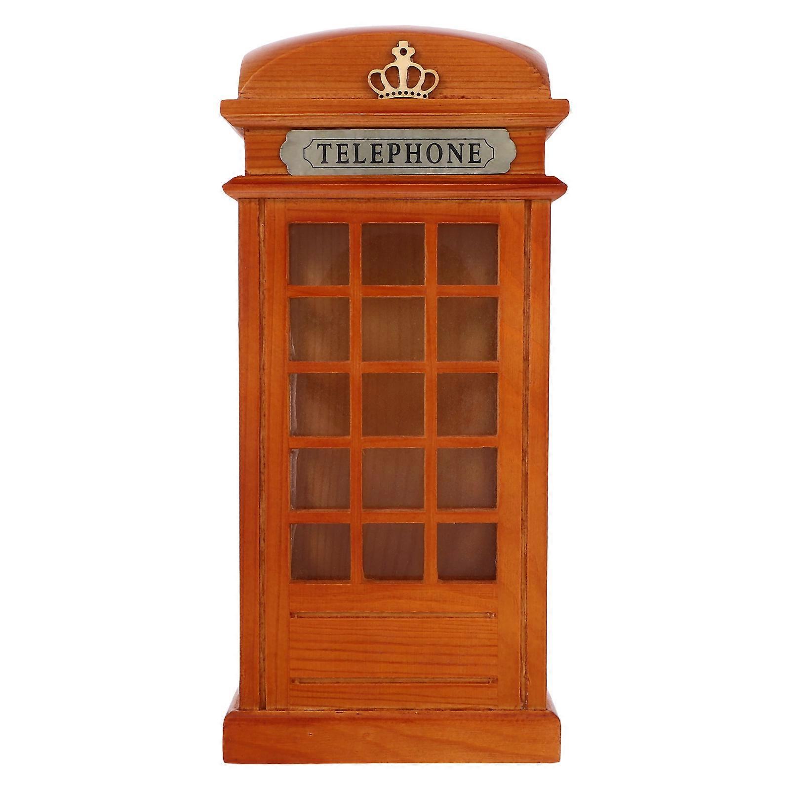 Wooden Telephone Booth Savings Box for Coin Storage Brown Unique Decorative Statue 7.87x5.12x11.02