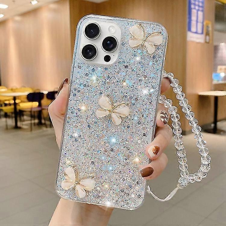 For iPhone 14 Starry Sequin Jade Butterfly Epoxy TPU Phone Case with Strap