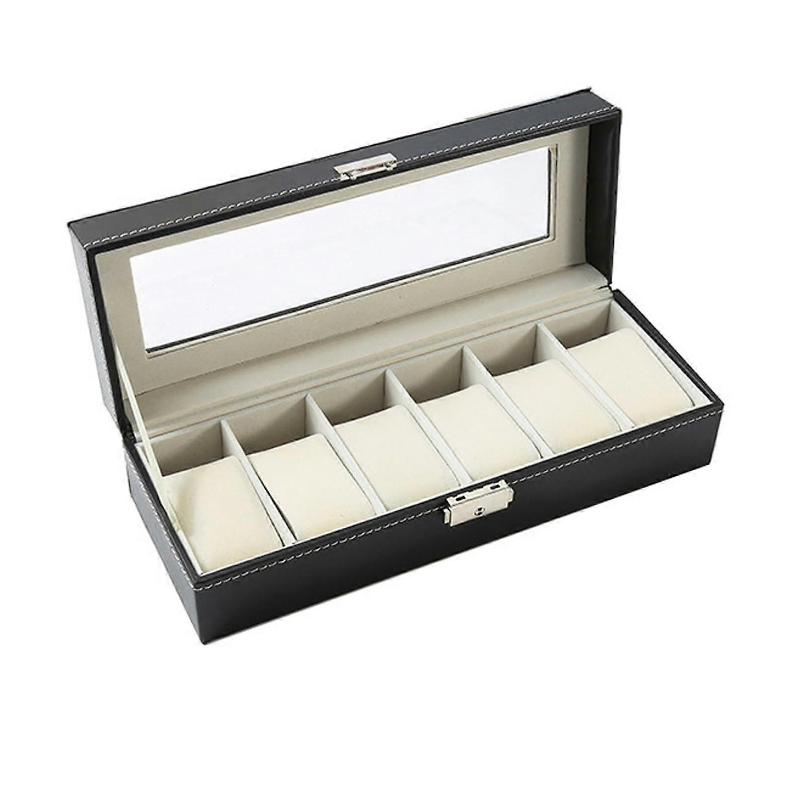 6 Position Watch Box, Display Box, Storage Box with Glass Cover Black