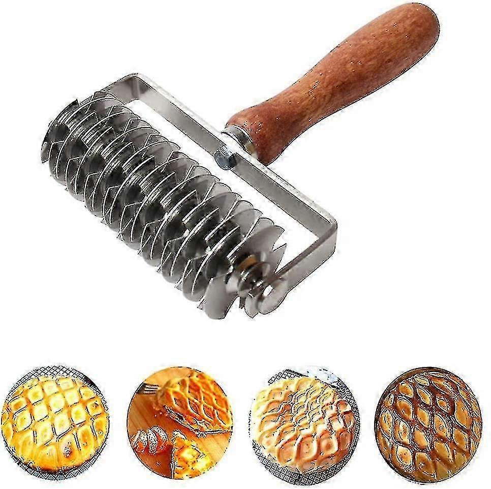 Stainless Steel Dough Lattice Top Cookie Pie Pizza Bread Pastry Crust Roller Cutter,wood Handle