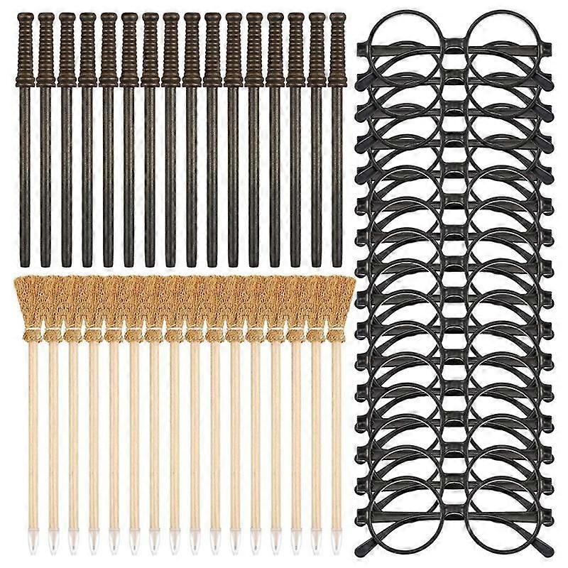 48 Pcs Broom Pencil and Wands Pencils and Glasses with Round Frame No Lenses, Wizard Wands Theme Pa