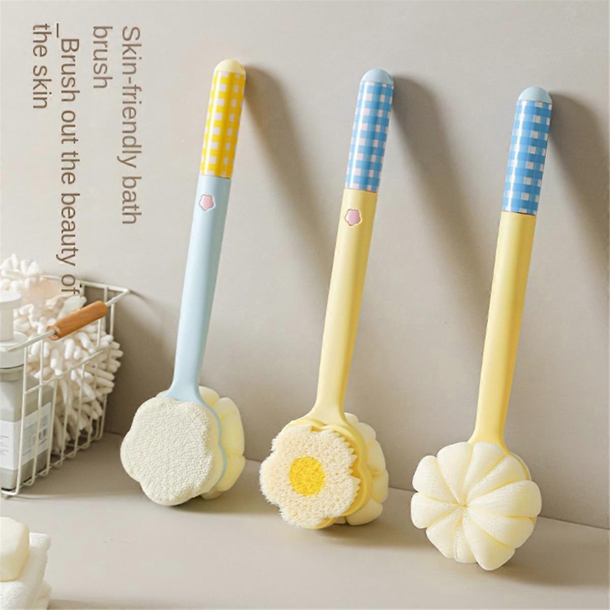 Dopamine Flower Bath Brush Long Handle with Foot Grinder Shower Body Dual-Sided Back Scrubber Yellow Bath Cloth Type