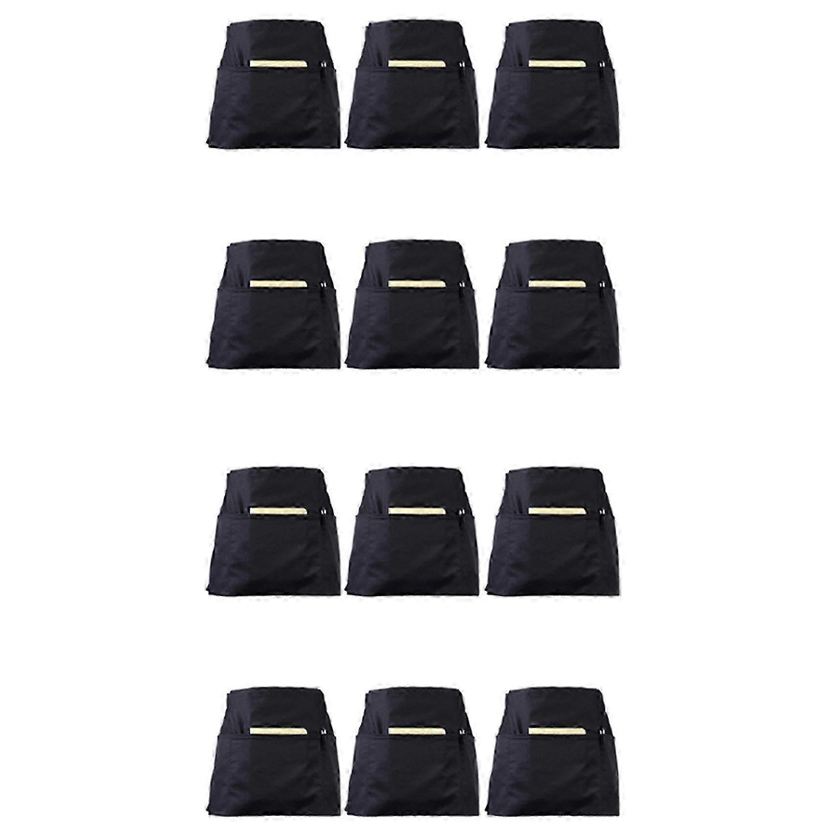 12 Pacotes Aventais de Cintura Preta com 3 Bolsos - Meio Avental para Garçom Garçonete 24 X 12 Polegadas Servidor Abr