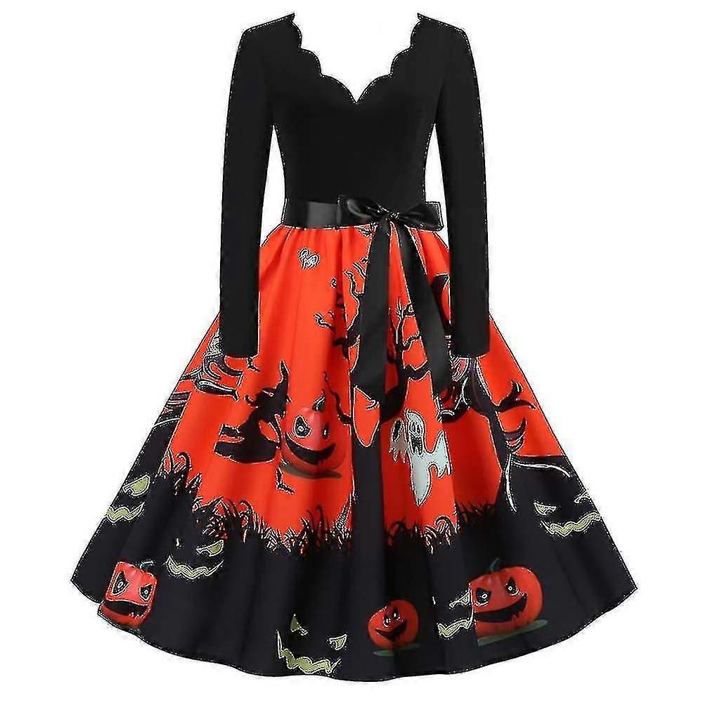 Ladies Pumpkin Rockabilly 50s Halloween Party Dress V-neck Hepburn Skater Dresses-c